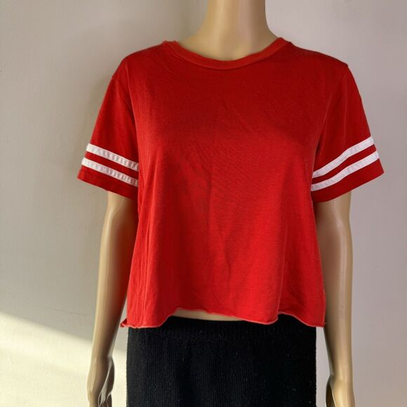 Vintage 90s LEVI’S Red Ringer Crop Top Stretch T Shirt Jersey Tee Grunge Y2K M - Picture 1 of 8